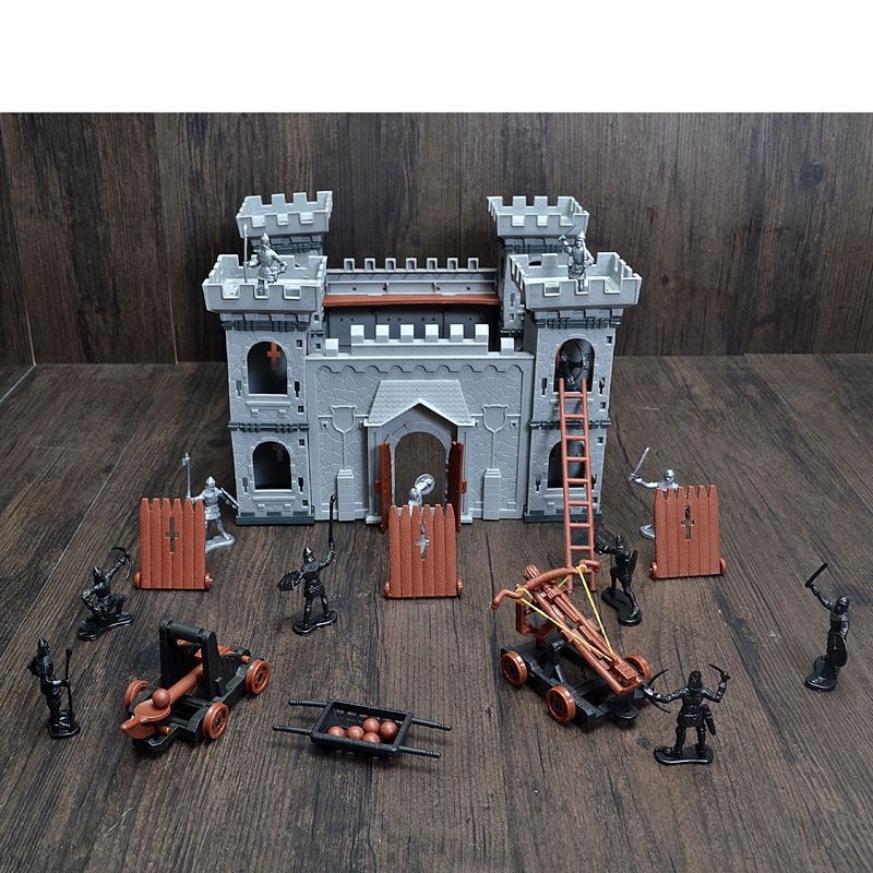 Viduramžių pilis, senovės kareivis, karas, piktadarys, surinktas „Stickman“ modelio rinkinys, vaikų žaislai vyrams