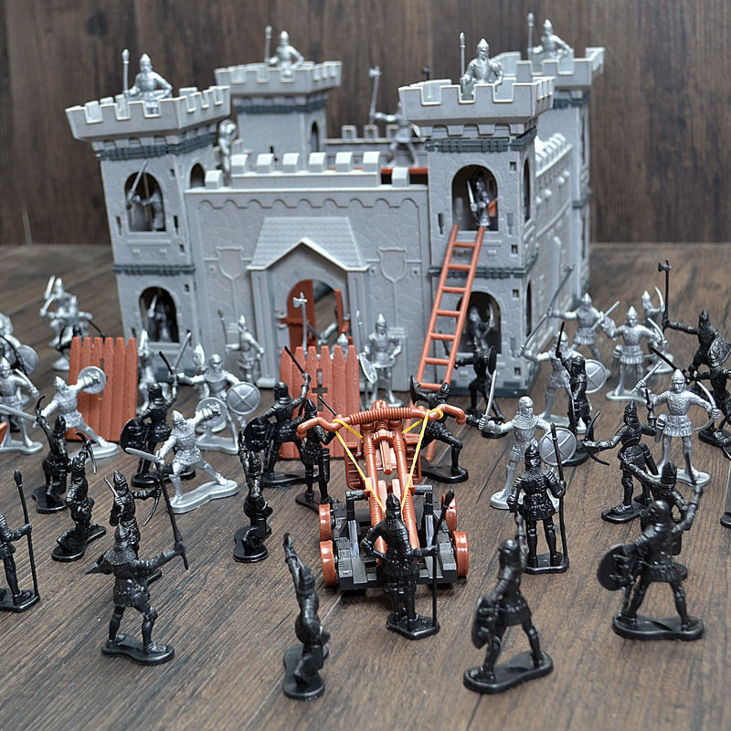 Viduramžių pilis, senovės kareivis, karas, piktadarys, surinktas „Stickman“ modelio rinkinys, vaikų žaislai vyrams