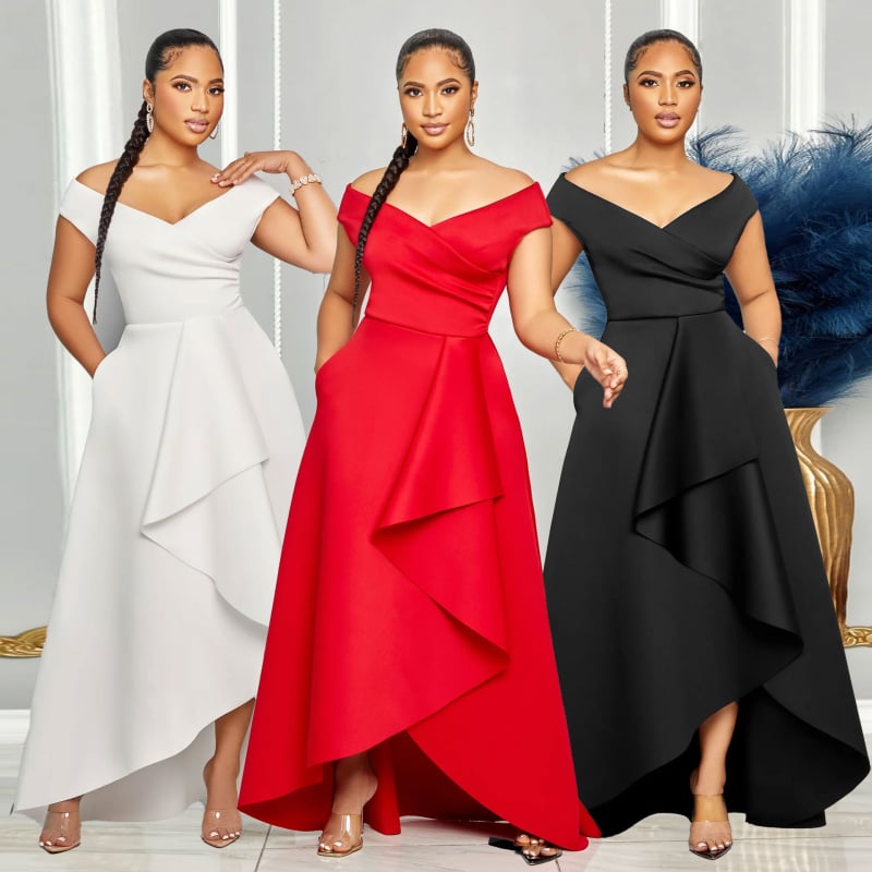 S10629 Rochie europeană și americană sexy, subțire, de culoare pură, cu un umăr, fără mâneci, cu fustă mare