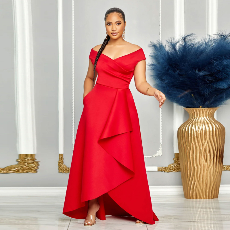 S10629 Rochie europeană și americană sexy, subțire, de culoare pură, cu un umăr, fără mâneci, cu fustă mare