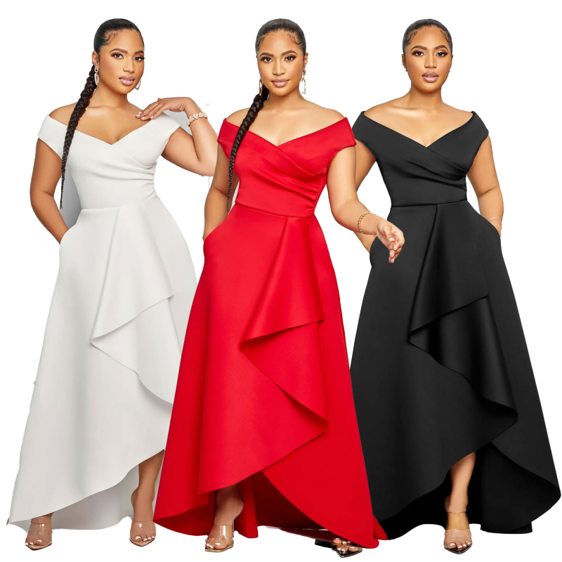 S10629 Rochie europeană și americană sexy, subțire, de culoare pură, cu un umăr, fără mâneci, cu fustă mare