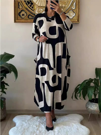 2024. aasta naiste sügis- ja talvekleit, ümara kaelusega, suure suurusega, pika seelikuga, piiriülene, plahvatusohtlik moodne trükitud pikkade varrukatega kleit