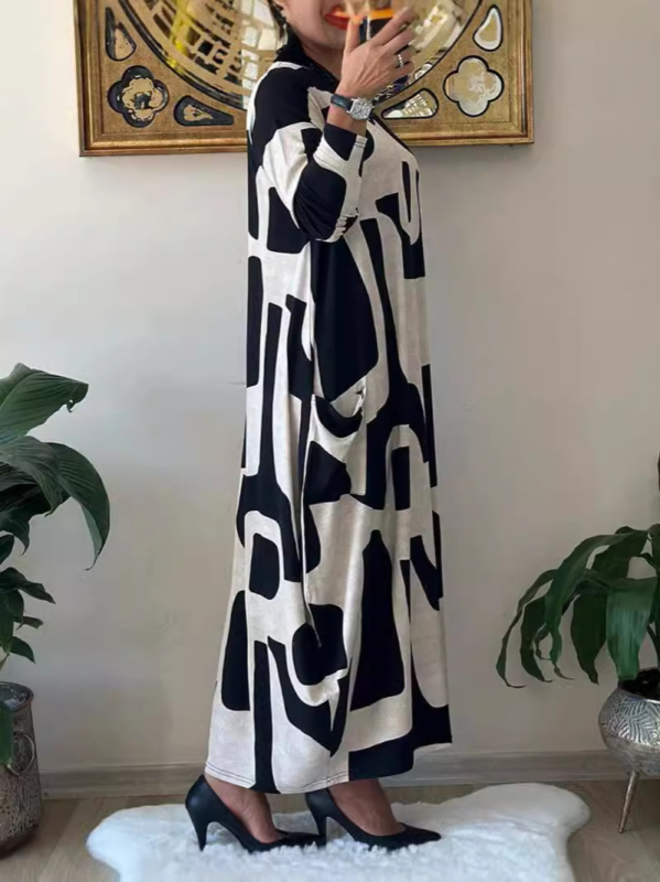 2024. aasta naiste sügis- ja talvekleit, ümara kaelusega, suure suurusega, pika seelikuga, piiriülene, plahvatusohtlik moodne trükitud pikkade varrukatega kleit