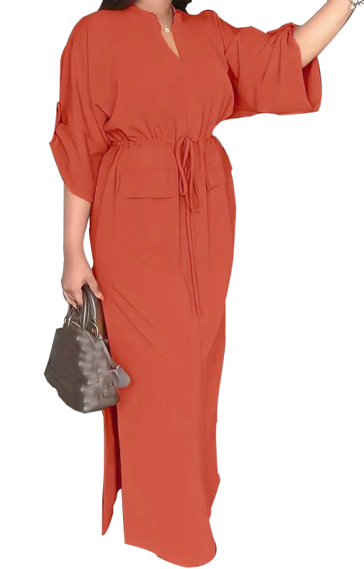 HY5296 Vintage seitsmepunkti varrukatega kleit, ühevärviline kleit, õuekleit, reisikleit, pidulik rivistus, lõhestatud pingutusnööriga