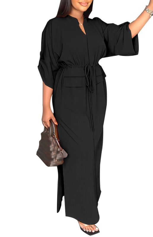 HY5296 Vintage seitsmepunkti varrukatega kleit, ühevärviline kleit, õuekleit, reisikleit, pidulik rivistus, lõhestatud pingutusnööriga