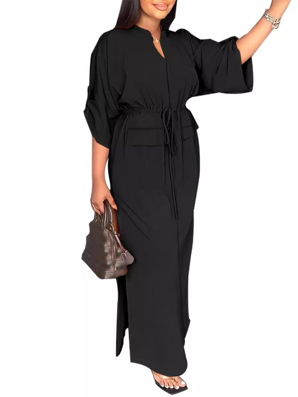 HY5296 Vintage seitsmepunkti varrukatega kleit, ühevärviline kleit, õuekleit, reisikleit, pidulik rivistus, lõhestatud pingutusnööriga