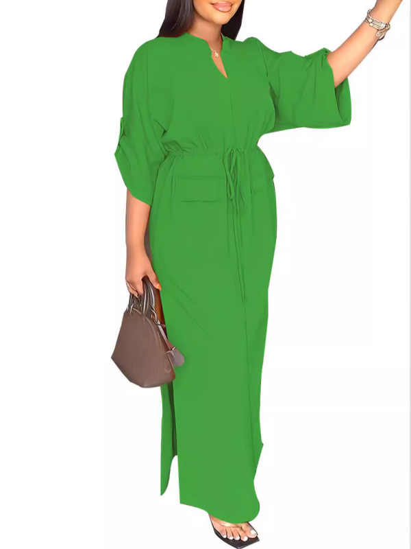 HY5296 Vintage seitsmepunkti varrukatega kleit, ühevärviline kleit, õuekleit, reisikleit, pidulik rivistus, lõhestatud pingutusnööriga