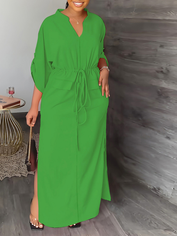 HY5296 Vintage seitsmepunkti varrukatega kleit, ühevärviline kleit, õuekleit, reisikleit, pidulik rivistus, lõhestatud pingutusnööriga