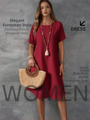 2025. aasta Euroopa ja Ameerika Amazoni ümara kaelusega lühikeste varrukatega lahtine makaronivärvi naistekleit