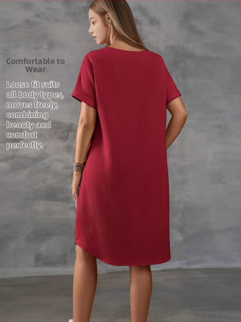 2025. aasta Euroopa ja Ameerika Amazoni ümara kaelusega lühikeste varrukatega lahtine makaronivärvi naistekleit