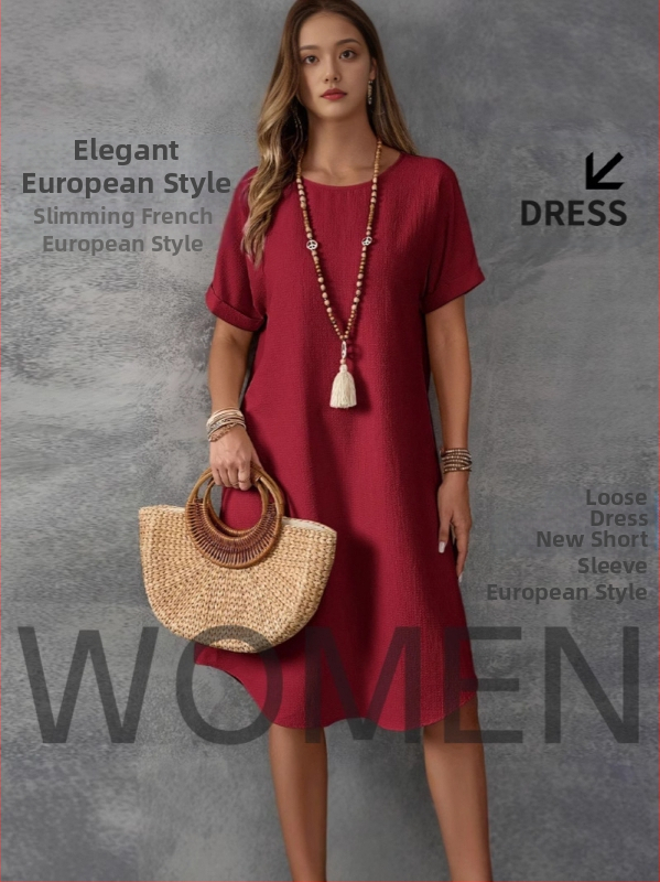 2025. aasta Euroopa ja Ameerika Amazoni ümara kaelusega lühikeste varrukatega lahtine makaronivärvi naistekleit