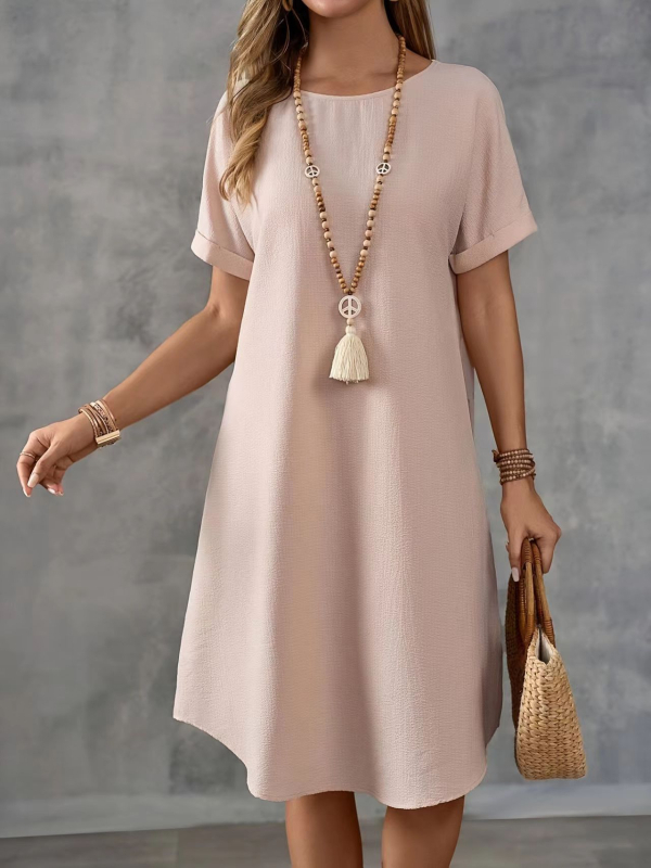 2025. aasta Euroopa ja Ameerika Amazoni ümara kaelusega lühikeste varrukatega lahtine makaronivärvi naistekleit