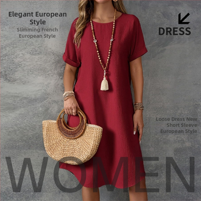 2025. aasta Euroopa ja Ameerika Amazoni ümara kaelusega lühikeste varrukatega lahtine makaronivärvi naistekleit