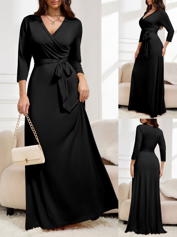 Rochie elegantă cu decolteu în V, talie înaltă, stil european și american, pentru femei, de primăvară și toamnă, transfrontalieră Amazon, rochie elegantă cu guler în V și curea, talie strânsă, subțire, mărime plus