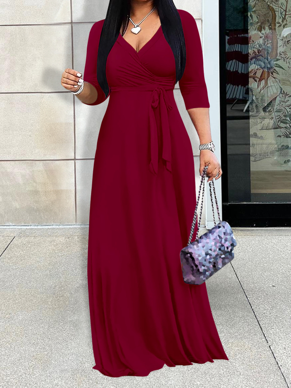 Piiriülene Amazoni Euroopa ja Ameerika kevad- ja sügisene naiste moodne elegantne V-kaelusega pluss vööga pingul vöökoht õhuke pluss-suuruses kleit