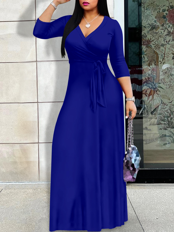 Piiriülene Amazoni Euroopa ja Ameerika kevad- ja sügisene naiste moodne elegantne V-kaelusega pluss vööga pingul vöökoht õhuke pluss-suuruses kleit