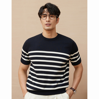 Καλοκαιρινό Νέο Κοντόμανικο Ανδρικό Πλεκτό Ριγέ Προσβάσιμο Πολυτελές Επαγγελματικό Casual Μεταξωτό Αναπνεύσιμο T-Shirt Εξαγωγή Διασυνοριακής Χονδρικής