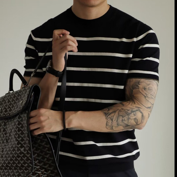 2024. aasta suvine uus meeste kootud ümara kaelusega lühikeste varrukatega T-särk, triibuline vabaaja trendikas sisemine lahtine universaalne särk