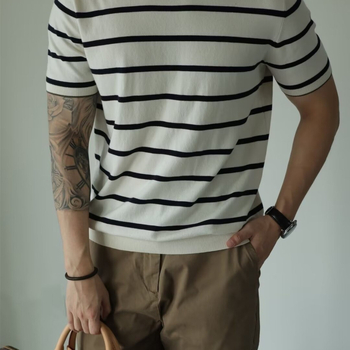 Νέο ανδρικό πλεκτό μπλουζάκι με στρογγυλή λαιμόκοψη και κοντομάνικο ριγέ, casual, μοντέρνο, χαλαρό πουκάμισο για όλες τις χρήσεις, για το καλοκαίρι του 2024