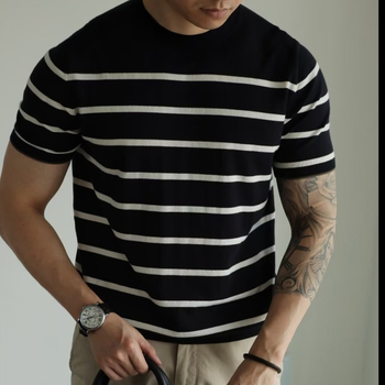 Νέο ανδρικό πλεκτό μπλουζάκι με στρογγυλή λαιμόκοψη και κοντομάνικο ριγέ, casual, μοντέρνο, χαλαρό πουκάμισο για όλες τις χρήσεις, για το καλοκαίρι του 2024