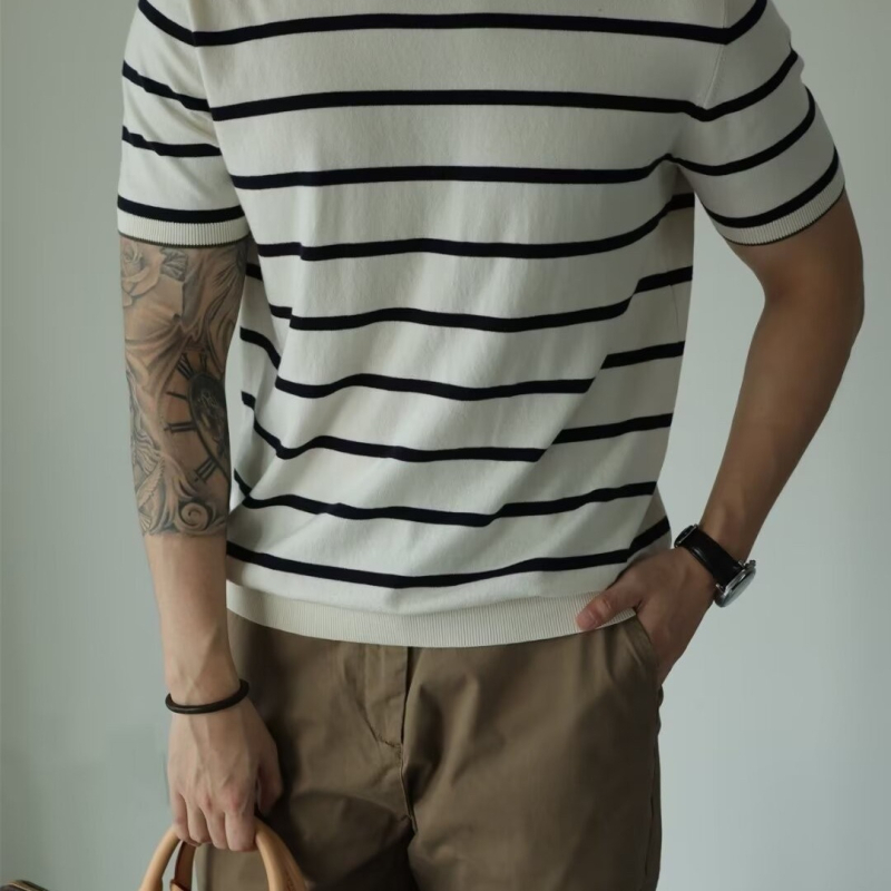 2024. aasta suvine uus meeste kootud ümara kaelusega lühikeste varrukatega T-särk, triibuline vabaaja trendikas sisemine lahtine universaalne särk