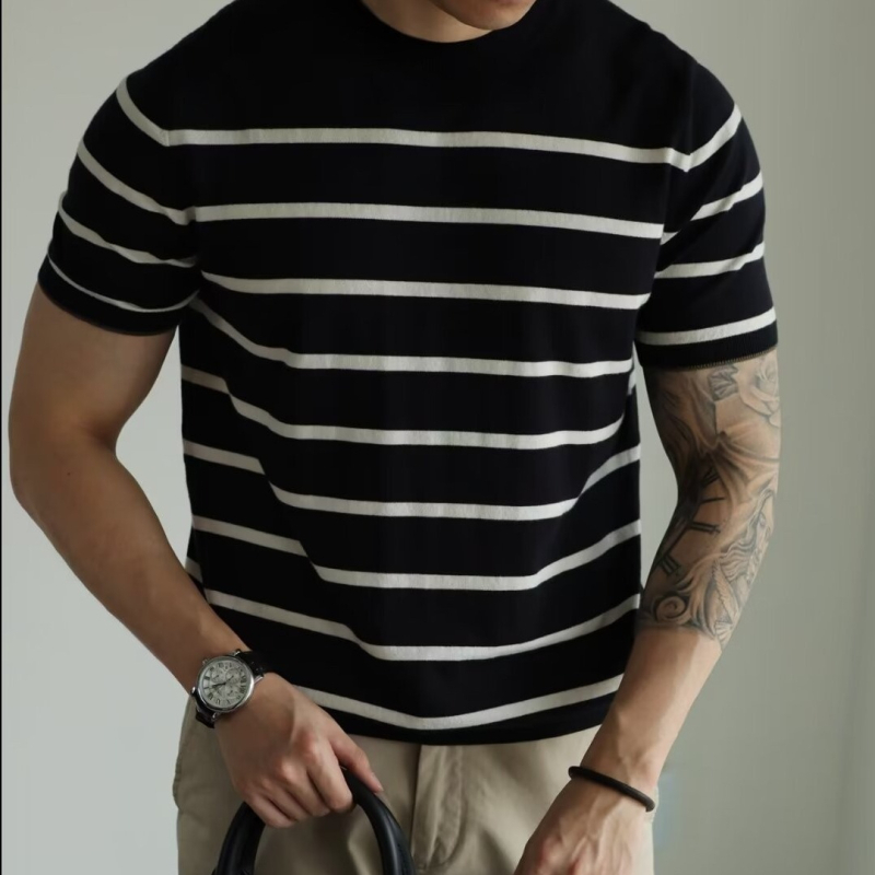 2024. aasta suvine uus meeste kootud ümara kaelusega lühikeste varrukatega T-särk, triibuline vabaaja trendikas sisemine lahtine universaalne särk