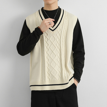 Есен и зима 2024 Нова широка американска ретро плетена риза в колежански стил, жилетка, без ръкави за мъже