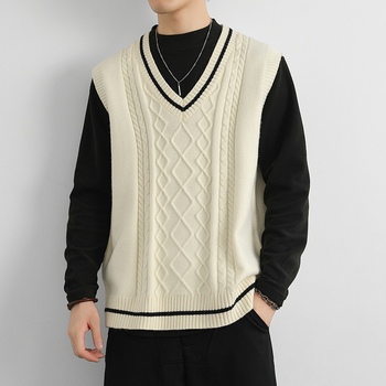 Есен и зима 2024 Нова широка американска ретро плетена риза в колежански стил, жилетка, без ръкави за мъже
