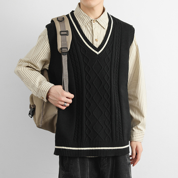 Есен и зима 2024 Нова широка американска ретро плетена риза в колежански стил, жилетка, без ръкави за мъже