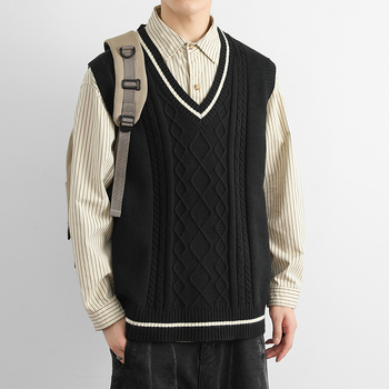 Есен и зима 2024 Нова широка американска ретро плетена риза в колежански стил, жилетка, без ръкави за мъже