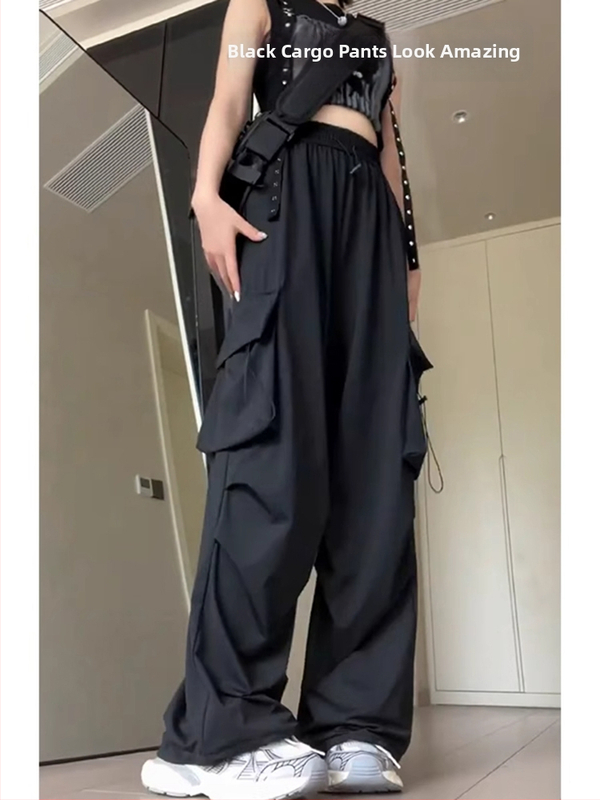 Черни гащеризони за жени, ученички от прогимназията, пролет/лято 2025 г., нови къси, готини, дързки, широки, бързосъхнещи американски спортни панталони