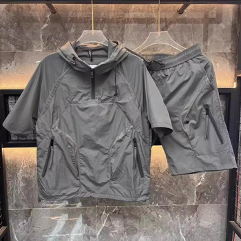 Летен тънък костюм с качулка и къс ръкав за мъже, ежедневен дишащ костюм за слънцезащита за двойки, комплект от две части, универсални шорти за двойки