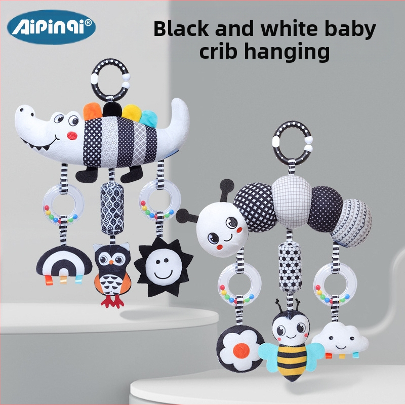 Aipinqi nauji 0-3 metų kūdikio dėlionės žaislai, pakabinami juodai balti gyvūnų vėjo varpeliai, pakabinami pliušiniai žaislai kūdikiui