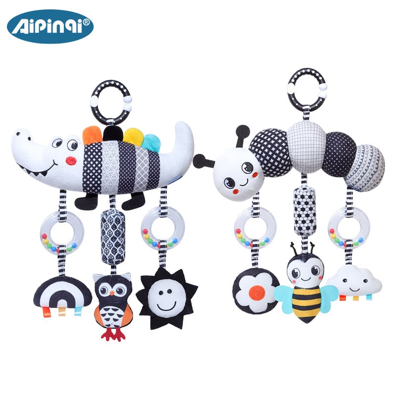 Aipinqi nauji 0-3 metų kūdikio dėlionės žaislai, pakabinami juodai balti gyvūnų vėjo varpeliai, pakabinami pliušiniai žaislai kūdikiui