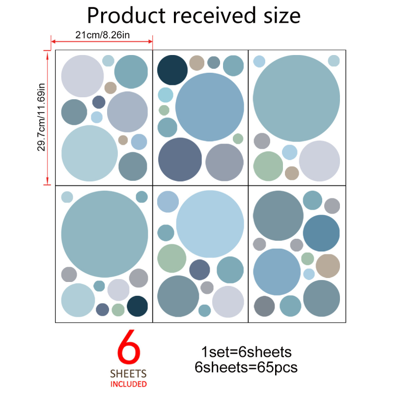 MS009-YW värvilised sinakashallid täpilised seinakleebised, 6 tk komplekt, elutoa dekoratiivsed seinakleebised, isekleepuvad seinakleebised