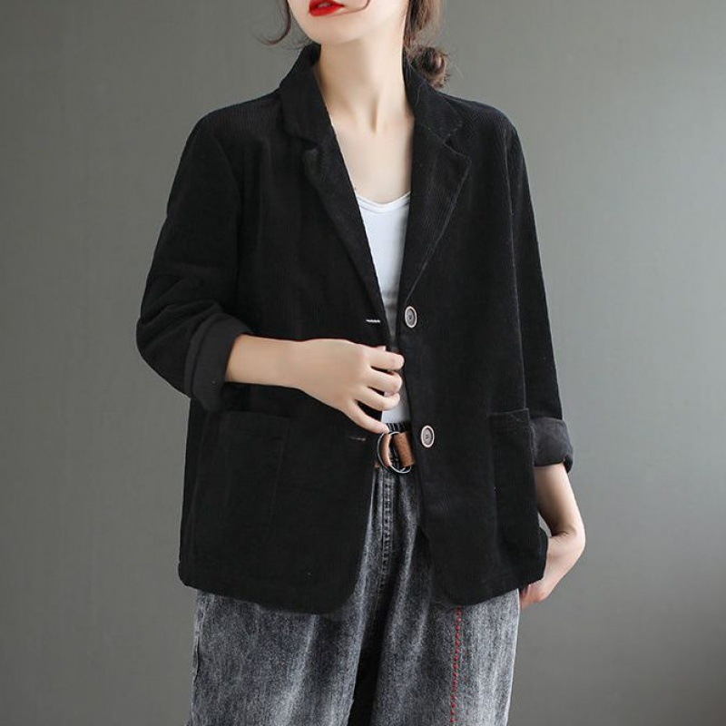 Naiste 2023. aasta sügise alguse uus lahtine pikkade varrukatega taskutega retro vabaaja top, velvetist ülikonnakraega, ühevärviline lühike mantel