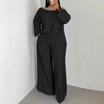 Γυναικεία Ρούχα Διασυνοριακής Αγοράς Amazon Aliexpress Μεγάλο Μέγεθος Μονόγραμμο Μπλούζες και Παντελόνια με Γιακά, Casual, Ριχτό Κοστούμι Δύο Τεμαχίων, Άνοιξη και Καλοκαίρι