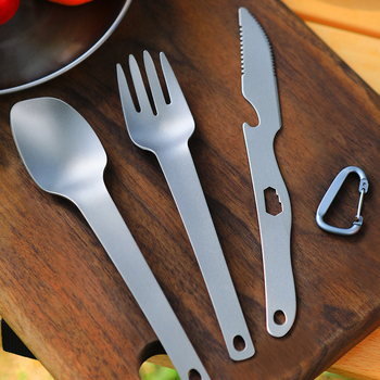 Gryno titano ryžių šaukštas Kempingo peilis ir šakutė Šaukštų rinkinys Daugiafunkcis trijų dalių rinkinys Titano šakutės Titano šaukštas Titano peilis Titano stalo įrankiai