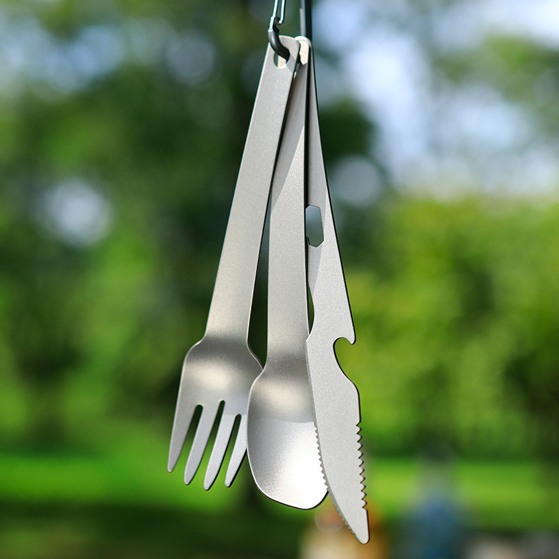 Gryno titano ryžių šaukštas Kempingo peilis ir šakutė Šaukštų rinkinys Daugiafunkcis trijų dalių rinkinys Titano šakutės Titano šaukštas Titano peilis Titano stalo įrankiai