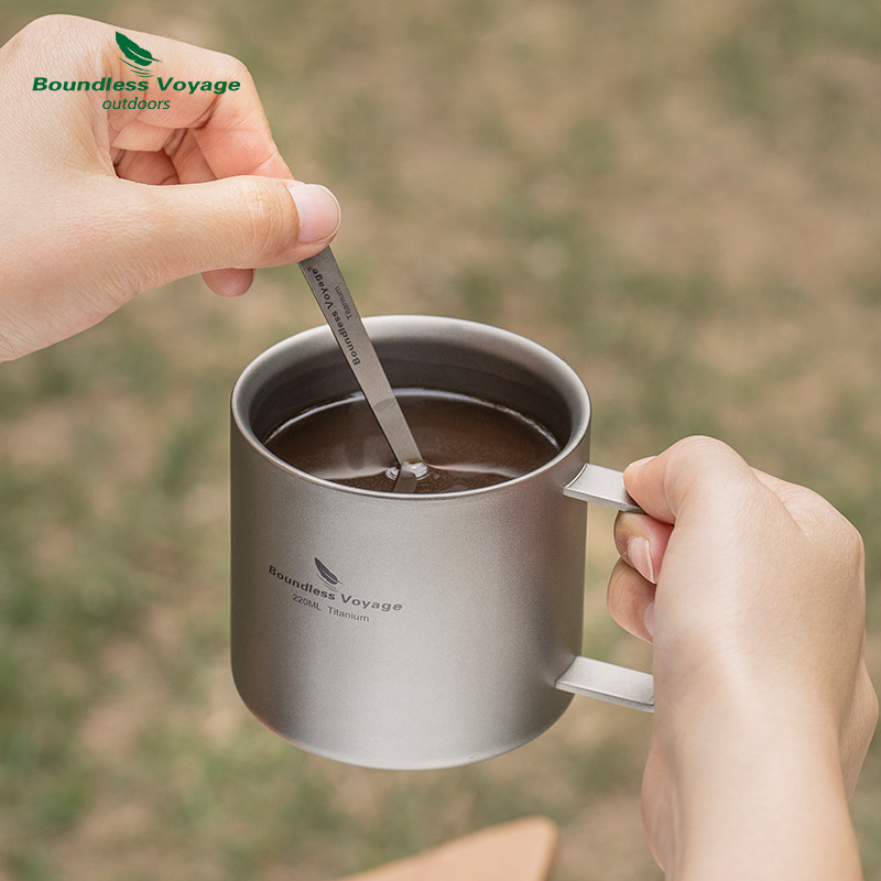 Biwei puhas titaanist kohvitass fikseeritud käepidemega, ülikerge kaasaskantav titaanist veetass, teetass kahekihiline põletuskindel 220ml
