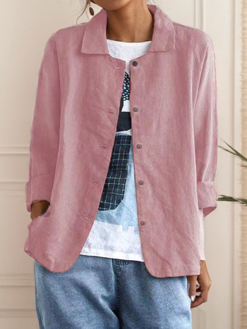 Есен и зима 2024, специално проектирана за Amazon wish, европейска и американска модна риза с дълъг ръкав, памучна и ленена, свободна дамска риза с ревери