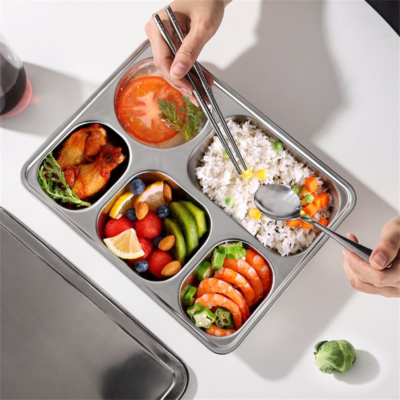 Farfurie transfrontalieră din oțel inoxidabil pentru fast-food, stil chinezesc, farfurie mare cu cinci compartimente și capac pentru adulți, cutie de prânz, farfurie pentru fast-food pentru copii