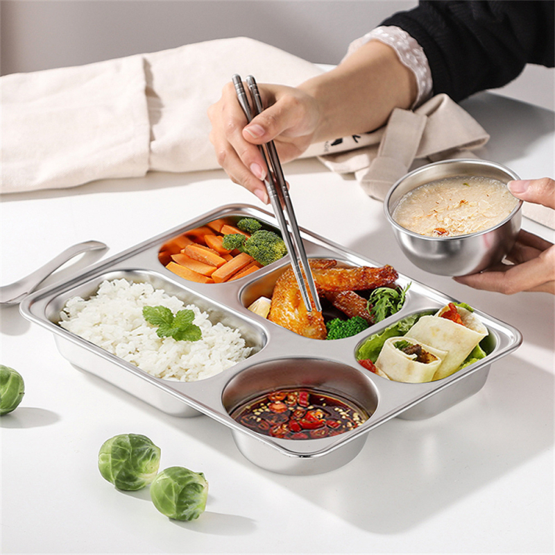 Nerūdijančio plieno greito maisto lėkštė, didelė penkių skyrių kiniško stiliaus pietų lėkštė su dangčiu, skirta suaugusiems, pietų dėžutei, vaikų greito maisto lėkštė