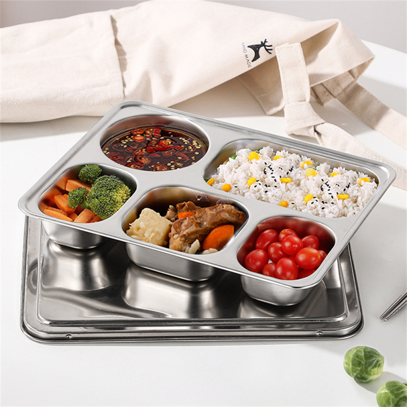 Nerūdijančio plieno greito maisto lėkštė, didelė penkių skyrių kiniško stiliaus pietų lėkštė su dangčiu, skirta suaugusiems, pietų dėžutei, vaikų greito maisto lėkštė