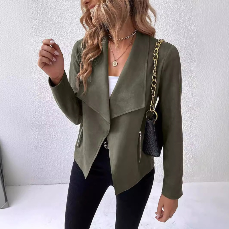 Naujas, tarp Europos ir Jungtinių Valstijų parduodamas moteriškas „Amazon“ odinis paltas su atlapu, ilgomis rankovėmis, temperamentingas, užtrauktuku, trumpas, moteriškas drabužis.