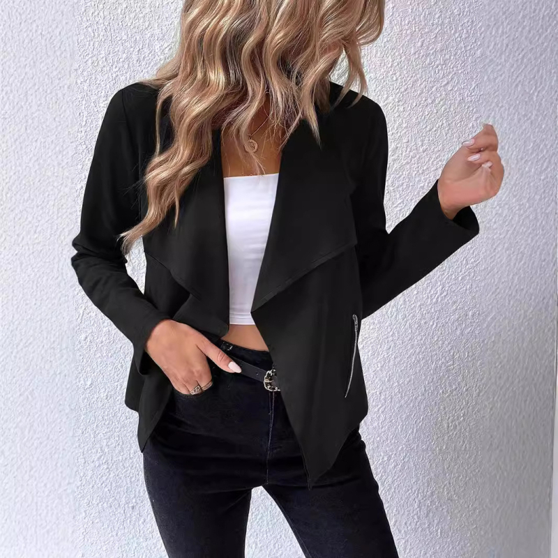 Naujas, tarp Europos ir Jungtinių Valstijų parduodamas moteriškas „Amazon“ odinis paltas su atlapu, ilgomis rankovėmis, temperamentingas, užtrauktuku, trumpas, moteriškas drabužis.