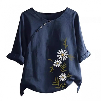 Риза за жени с външна търговия, нов дизайн, смисъл, ниша, прост ретро цветен кръгъл деколте, вътрешна част, външна част, риза със седемточкови ръкави