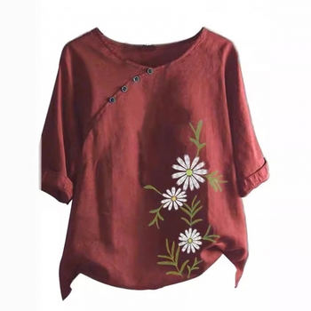 Риза за жени с външна търговия, нов дизайн, смисъл, ниша, прост ретро цветен кръгъл деколте, вътрешна част, външна част, риза със седемточкови ръкави