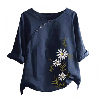 Риза за жени с външна търговия, нов дизайн, смисъл, ниша, прост ретро цветен кръгъл деколте, вътрешна част, външна част, риза със седемточкови ръкави