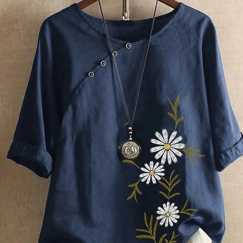 Naiste väliskaubanduse särk, uue disainiga nišš, lihtne retro lilleline ümara kaelusega, sisemine ja välimine seitsmepunktiliste varrukatega särk